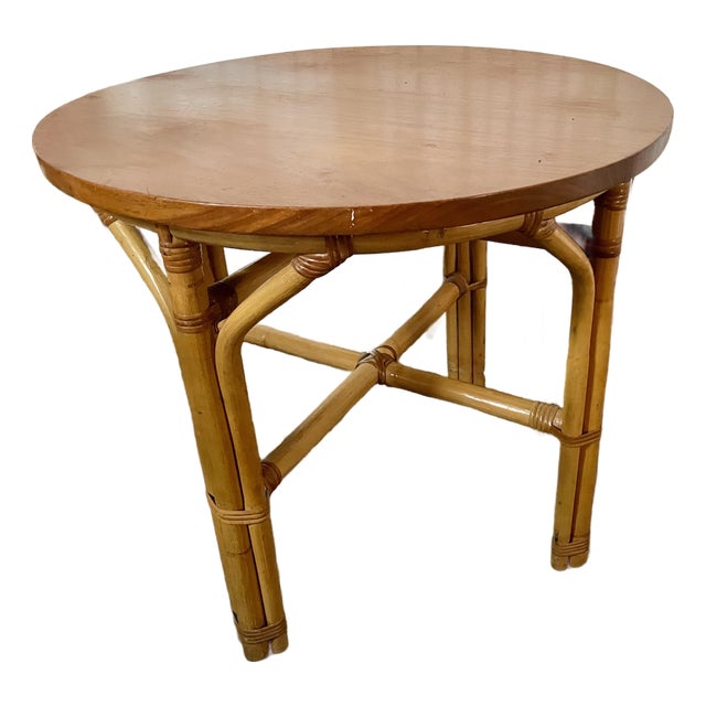 Mid 20th Century Bamboo/Rattan Small Round Side Child's Occasional Table Wood Top For Sale