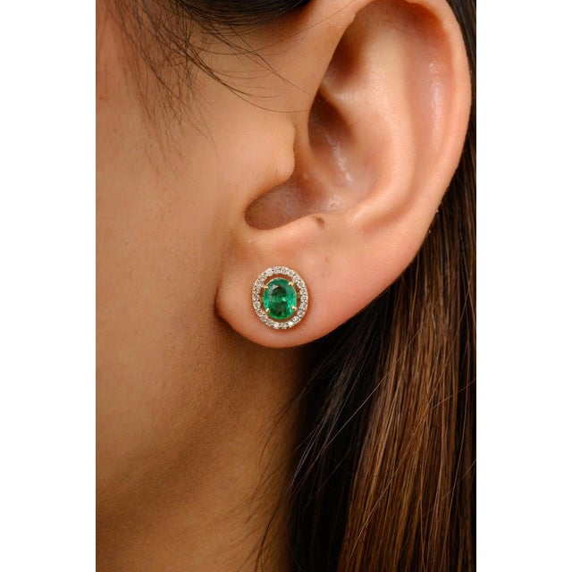 Art Deco Oval Cut Emerald Halo Diamond Cluster Stud Earrings - 2 Pieces For Sale - Image 3 of 6
