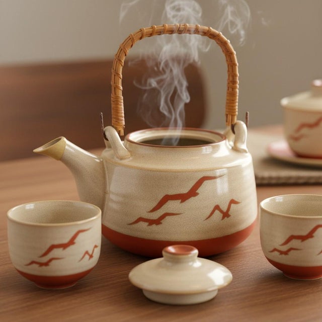 Vintage Mid-Century Modern Otagiri Japan Stoneware Seagull-Rattan Handle-Ceramic-Coastal Teapot For Sale - Image 11 of 11
