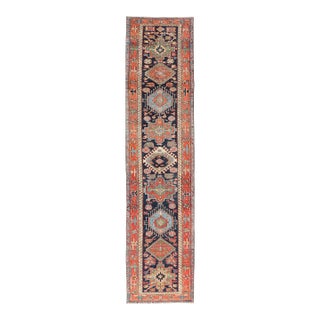 Antique Heriz Serapi Runner With Colorful Highly Stylized Medallion Design For Sale