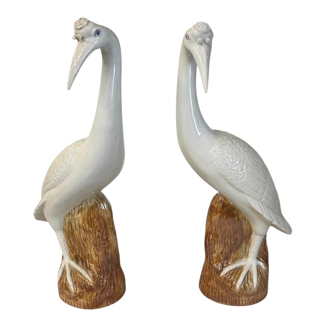 Pair of Vintage Mid-Century Italian Ceramic Crane Figurines For Sale