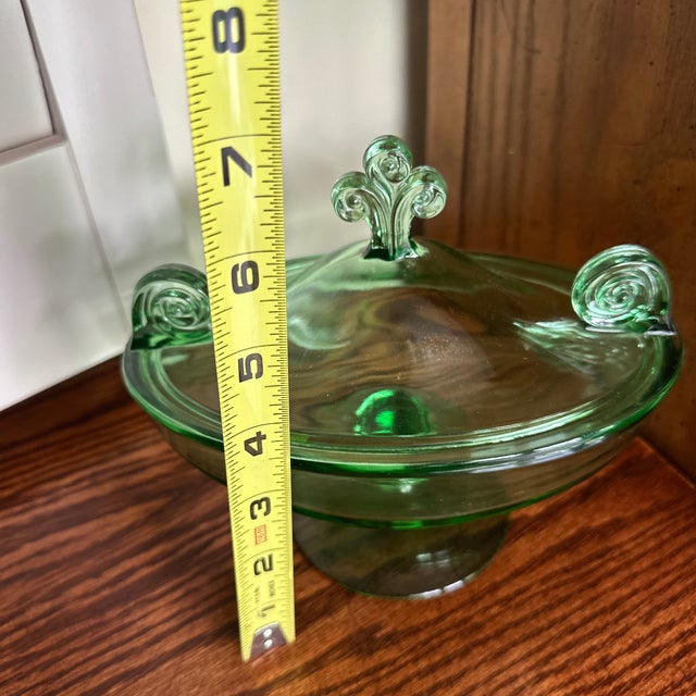 Vintage Fostoria Glass Co. Vesper Green Footed Candy Jar & Cover, Also Known as a Covered Compote Bowl. For Sale - Image 9 of 10