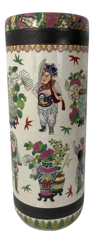 The Warriors Umbrella Stand, 1950s, Chinese Beige Crackle Ge Ware With Gold / Gilt Work, Signed Chenghua