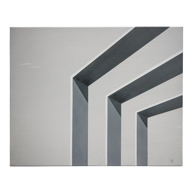 Scott Woodard "Silent but Deadly" Gray Toned Abstract Surrealist Architectural Painting, 2018 For Sale