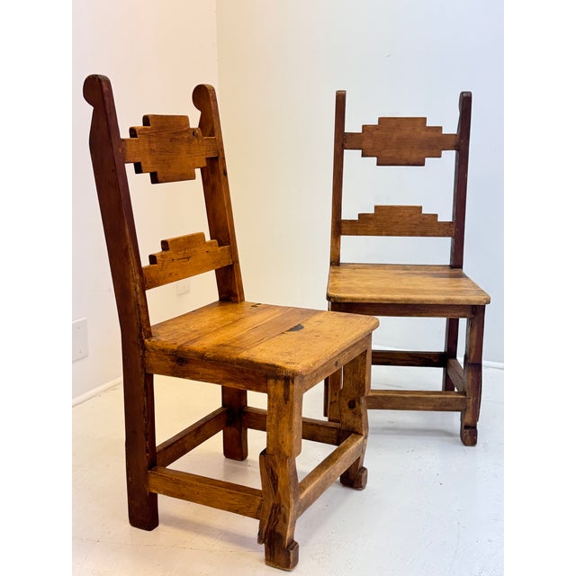 Wood Pair of Mid-Century Mexican Rustic Pine Chairs With Carved Razor Blade Backs and Legs For Sale - Image 7 of 16