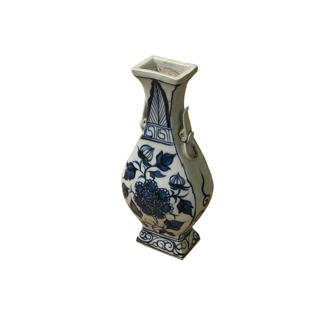 Ceramic Small Distressed Finish Pear Shape Blue White Graphic Porcelain Vase For Sale - Image 7 of 8