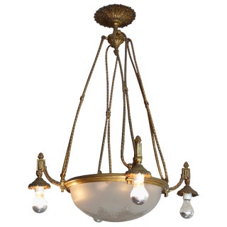 French 1940's Bronze Chandelier With Four Arms, Four Inside Lights and Four Outside Lights For Sale