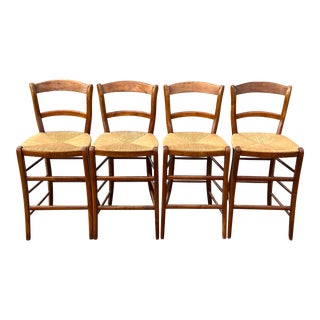 Made in France Solid Maple Rush Seat Bar Stools - Set of 4 For Sale