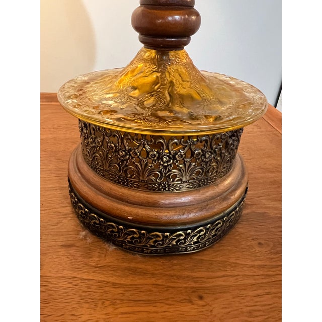 Pair Mid Century Modern Amber Articulated Brass and Wood Table Lamp For Sale - Image 9 of 12