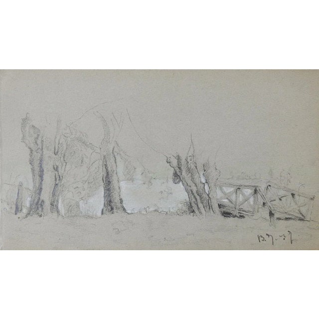 English Small Antique Rustic Bridge & Stream Pencil Drawing For Sale - Image 3 of 3