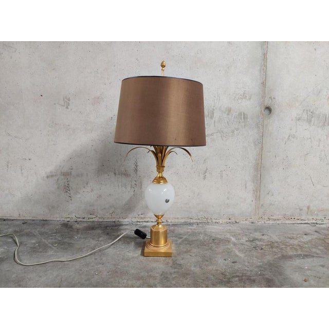 Brass and Opaline Pineapple Leaf Table Lamp, 1960s For Sale - Image 4 of 12