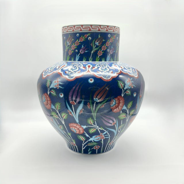 Ceramic Handmade Monumental Iznik Floor Vase (50cm) – Deep Cobalt Blue & Floating Flora – Ottoman Art Decor For Sale - Image 7 of 8