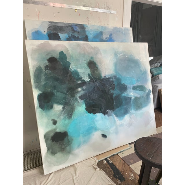 “I Lose Myself” Lyrical Abstract Painting in Moody Blues & Earthy Greens by Stacey Warnix For Sale - Image 13 of 14