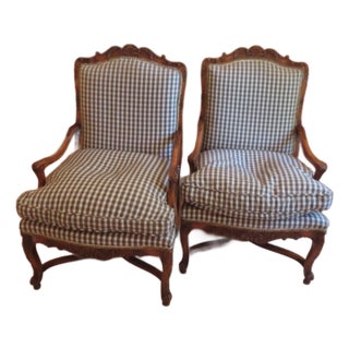 Pair of French Hand Carved Walnut Bergère Chairs With Goose Down Cushions For Sale