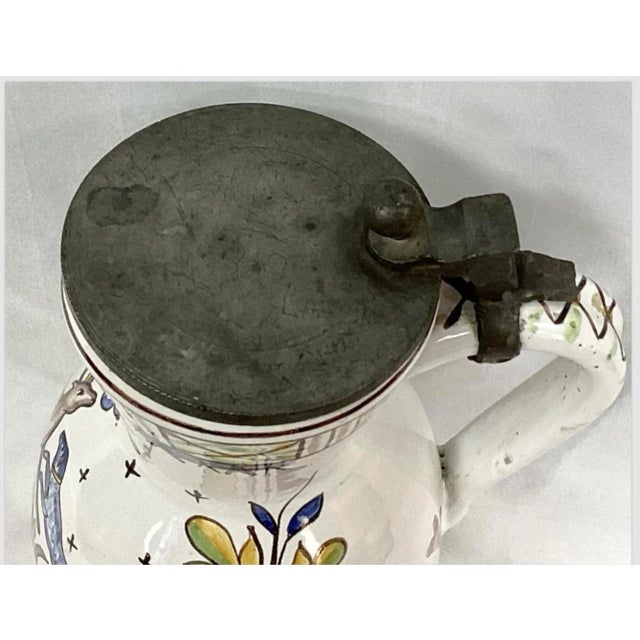 19th Century Faience Polychrome Decorated Beer Stein With Pewter Lid and Handle For Sale - Image 5 of 12