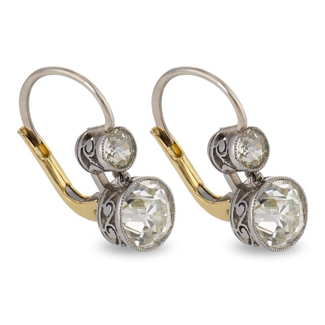 Contemporary Edwardian Style 2.34 Carat Diamond Platinum Gold Drop Earrings, A Pair For Sale - Image 3 of 5