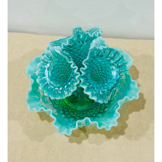 Fenton Art Glass Company Vintage Fenton Hobnail Opalescent Sea Green Turquoise 3 Horn Epergne For Sale - Image 4 of 10