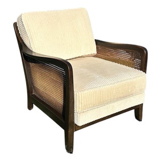 1950s Knoll Antimott Woven Cane Lounge Chair Wood Corduroy Cushions Mid Century Modern For Sale