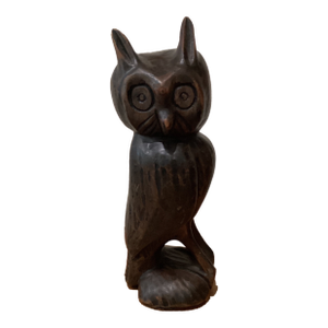 Vintage Folk Art Hand-Crafted Solid Teak Wood Owl Statue by Peter Nish Circa 1981