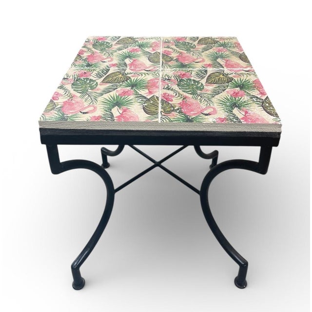 Traditional Tropical Flamingo Tile-Top Side Table With Wrought Iron Base For Sale - Image 3 of 7