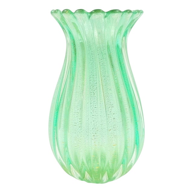 Mid-Century Modern Ribbed Murano Glass Vase with Gold Inclusions by Archimede Seguso for Seguso Vetri Darte, Italy, 1950s For Sale