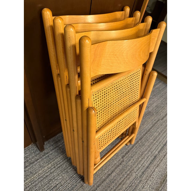 1980s Italian Folding Chairs Beech & Rattan, 1980s, Set of 4 For Sale - Image 5 of 11