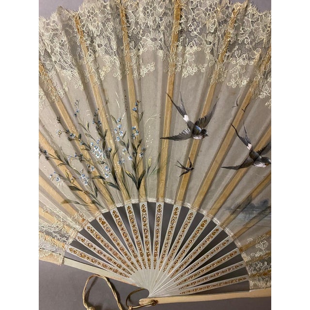 Antique French Victorian Hand Painted Silk Fan With Birds | Chairish