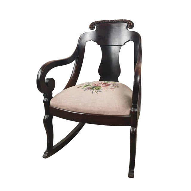 American Antique American Carved Wood Rocking Chair With Needlepoint Seat For Sale - Image 3 of 18