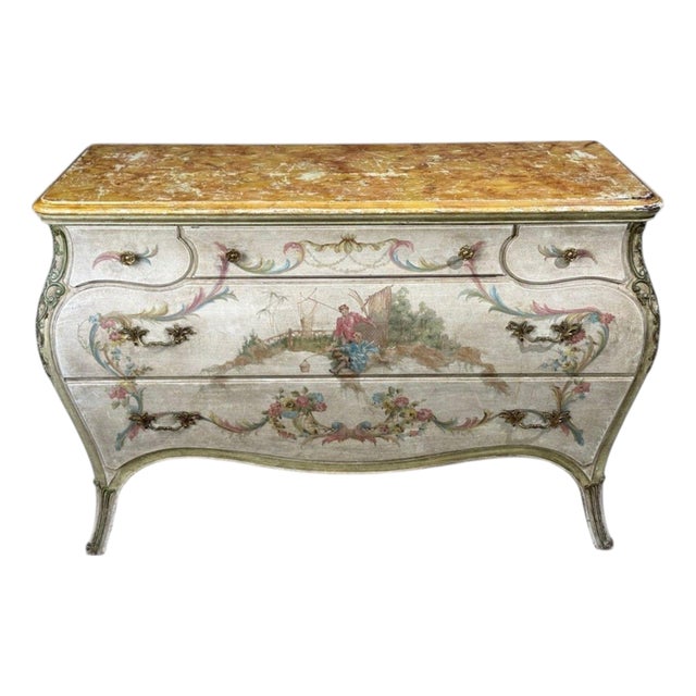 Venetian, Chinoiserie Bombé Commode, Beige Painted, Faux Marble, Italy, 1920s For Sale