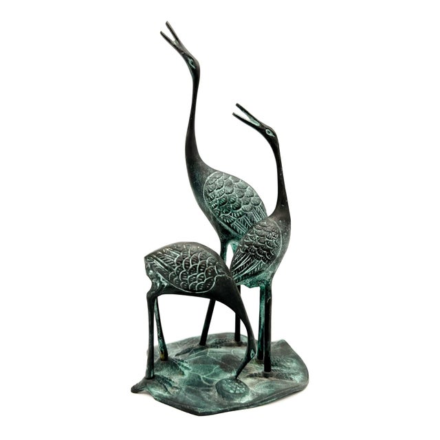Vintage Verdigris Bronze Crane Trio Sculpture - Mid-Century, Asian Inspired, Coastal For Sale