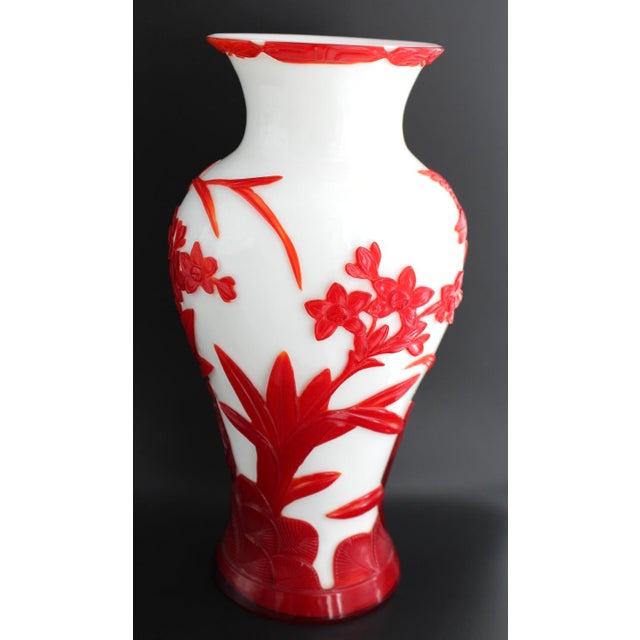 Antique Chinese Red and White Peking Glass Vase, Hand Carved, c1900, 10.75” Late Qing to Early Republic Period Carved red...