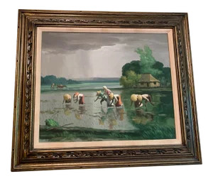 1960s Vintage Southeast Asian Workers Picking Rice Framed Painting