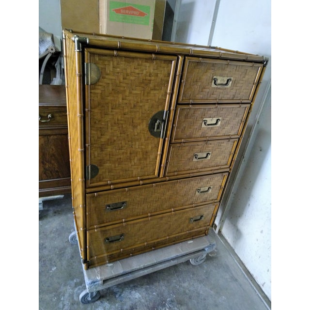 Vintage Dixie Rattan & Wicker Armoire With Brass Handles For Sale In Palm Springs - Image 6 of 10