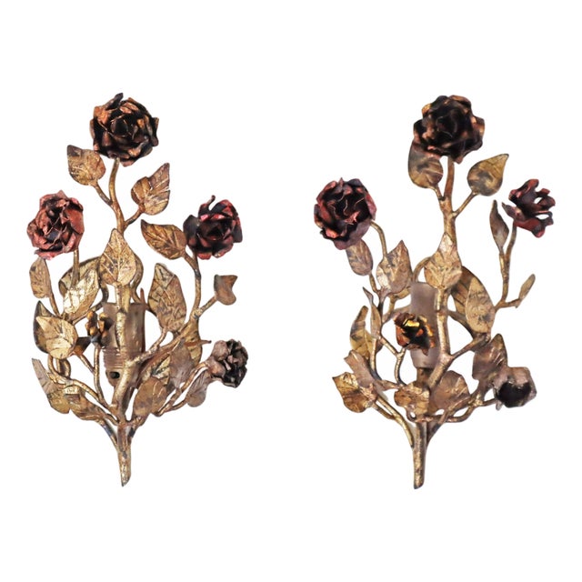 Hollywood Regency Italian Hand-Forged Rose Wall Lamps, 1950s, Set of 2 For Sale