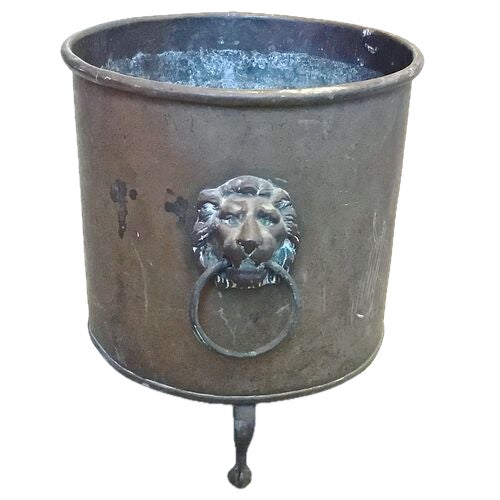 English Antique Iron & Copper Lion Face Handle Cachepot For Sale - Image 3 of 6