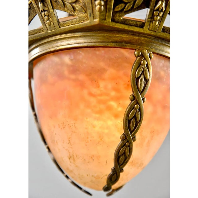 Small Muller Freres Mottled Glass and Bronze Art Deco Pendant For Sale In Detroit - Image 6 of 11
