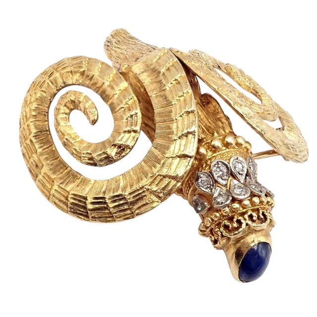 Late 20th Century Rare Ilias Lalaounis Yellow Gold Ram Ares Diamond Ruby Sapphire Large Brooch For Sale - Image 9 of 14