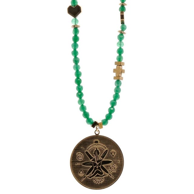 Green Jade Stone Spiritual Soul Gold Medallion Pendant Necklace For Sale - Image 10 of 16