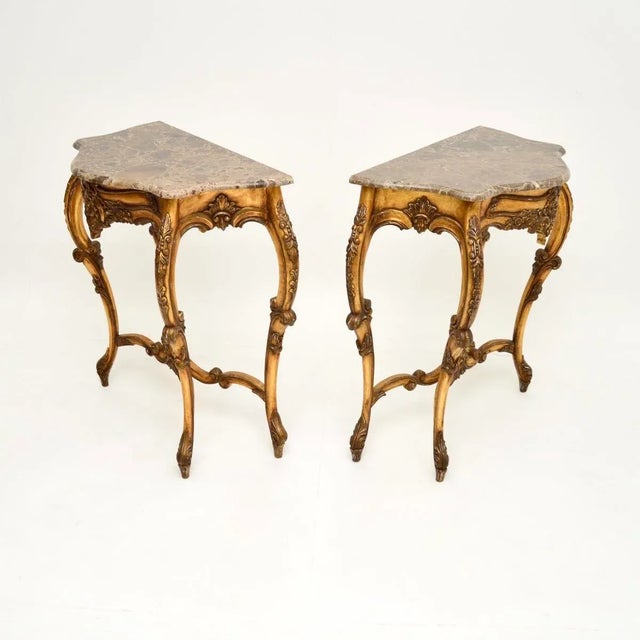 Rococo Vintage French Console Tables in Gilt Wood with Marble Top, 1950, Set of 2 For Sale - Image 3 of 13