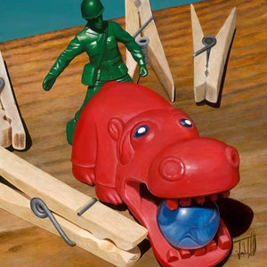 Maneuvers by Josh Talbott | Acrylic on Canvas Toy soldier and red hippo with clothespins and a ball.