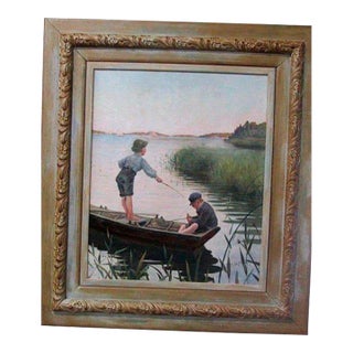 Original Authentic Antique/Vintage Signed Oil on Canvas by Listed European Artist- "A Summer Afternoon" For Sale