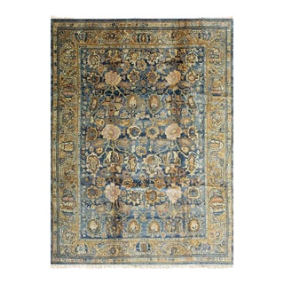 12x18 Blue Hand-Knotted Wool Faded Floral Bloom Geometric Modern Carpet Rug For Sale
