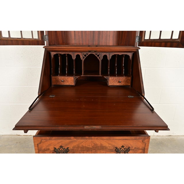 Wood Chippendale Flame Mahogany Drop Front Secretary Desk With Bookcase Hutch by Saginaw Furniture, Circa 1920s For Sale - Image 7 of 18