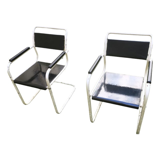 Mid-Century Iron and Wood Painted Garden Chairs, Set of 2 For Sale
