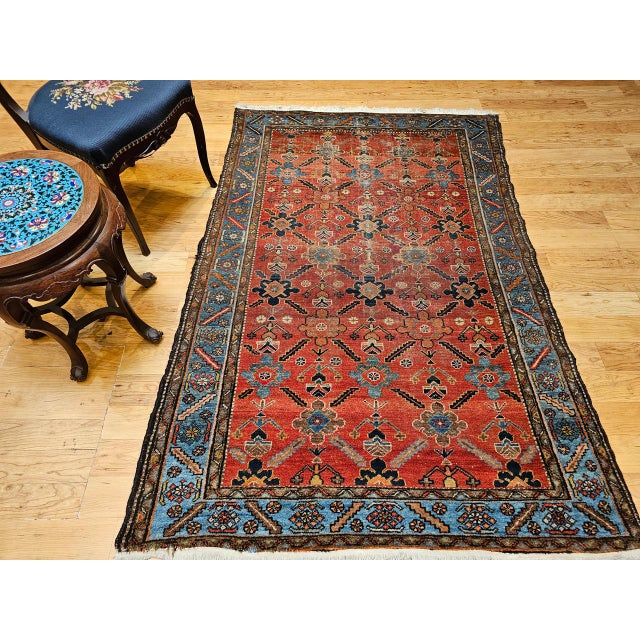1900 - 1909 Vintage Persian Malayer Area Rug, Hand-Knotted Wool, Geometric Pattern, 4x6, Red & Blue For Sale - Image 5 of 14