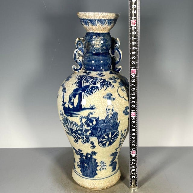 Late 20th Century Chinese Blue & White Crackle Glaze Porcelain Vase With Figural Scene For Sale - Image 5 of 9