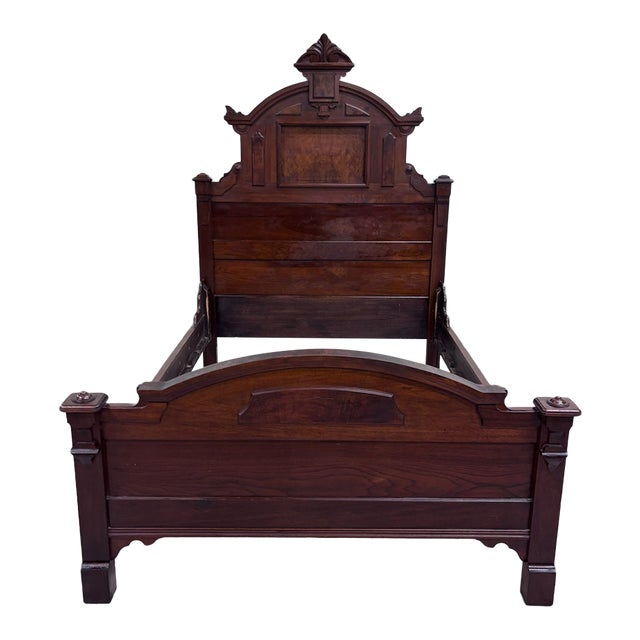 Antique Full Size Monumental Victorian Renaissance Revival Walnut Burl Wood Bed For Sale