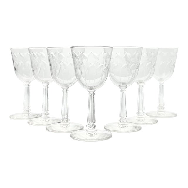1950s Libbey “Crystal Leaf” Set of 7 Wine Glasses For Sale