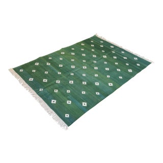 Handmade Cotton Diamond Rug, Green And White 8'x10' For Sale