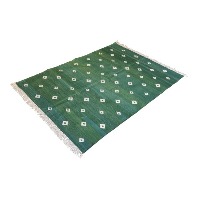 Handmade Cotton Diamond Rug, Green And White 8'x10' For Sale